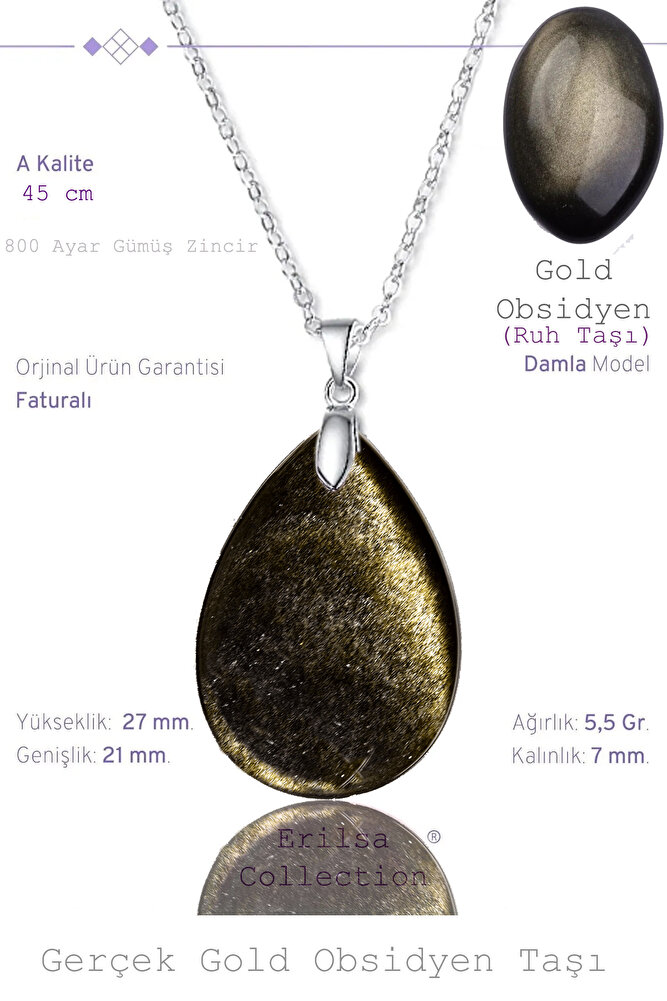 Sertifikalı Damla Model Gold Obsidyen Taşı Kolye (GÜMÜŞ APARATLI)