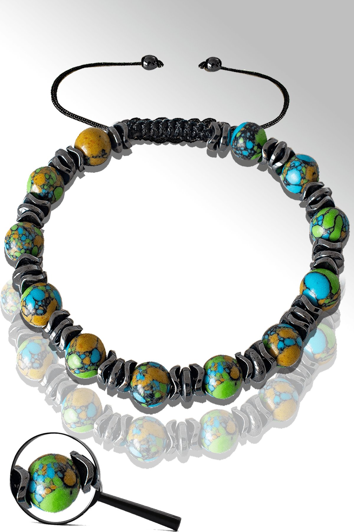 Sertifikalı Silver Hematitli Doğal Arizona Firuze Taşı Bileklik - Ayarlamalı