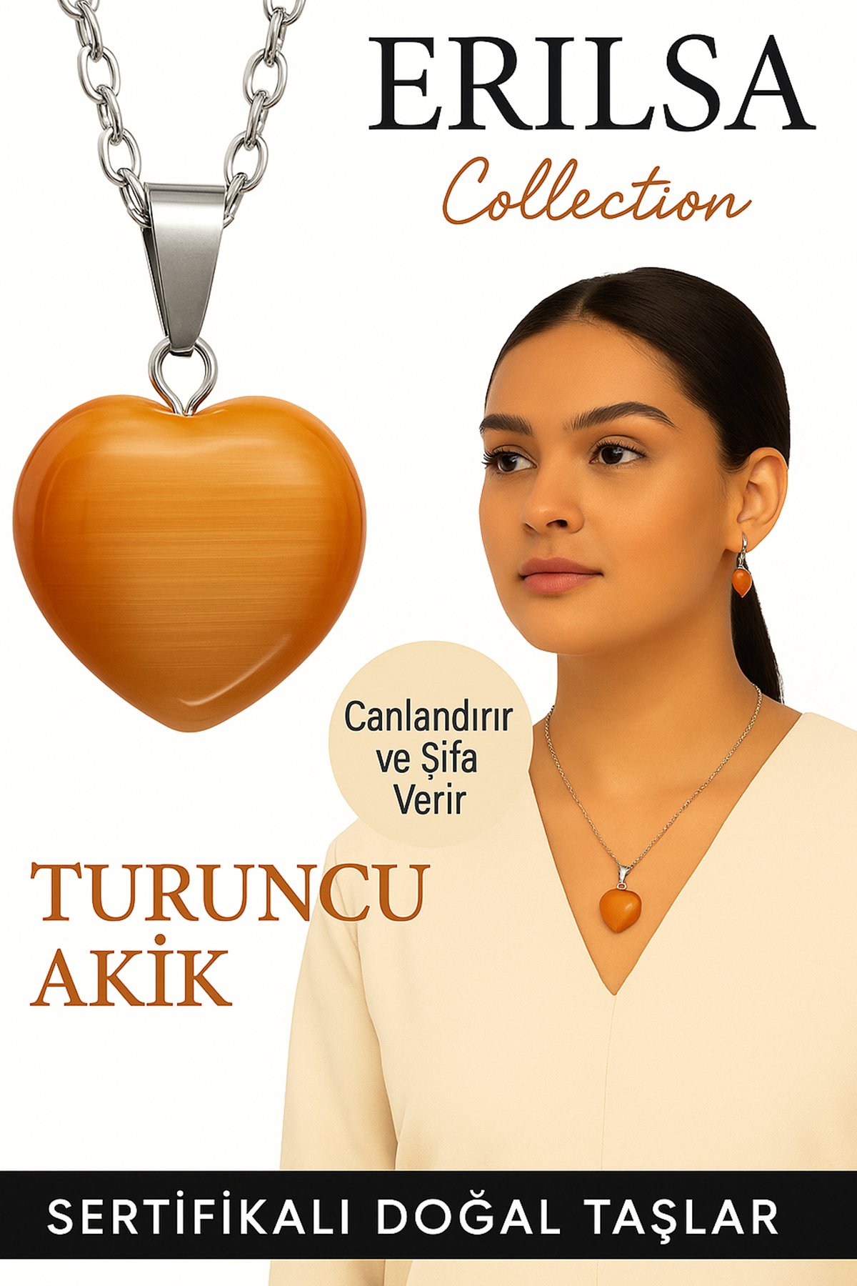 Sertifikalı Kalp Model Turuncu Akik Taşı Kolye – Canlılık, Kararlılık ve Günlük Enerji Desteği