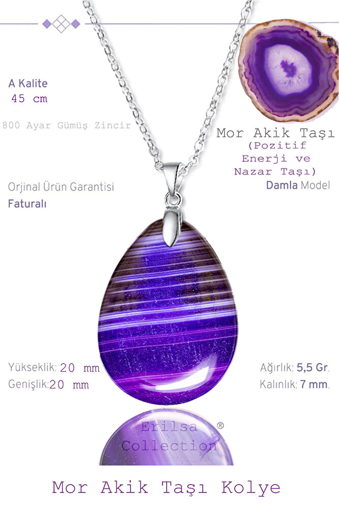 Sertifikalı Damla Model Damarlı Mor Akik Taşı Kolye (GÜMÜŞ APARATLI)