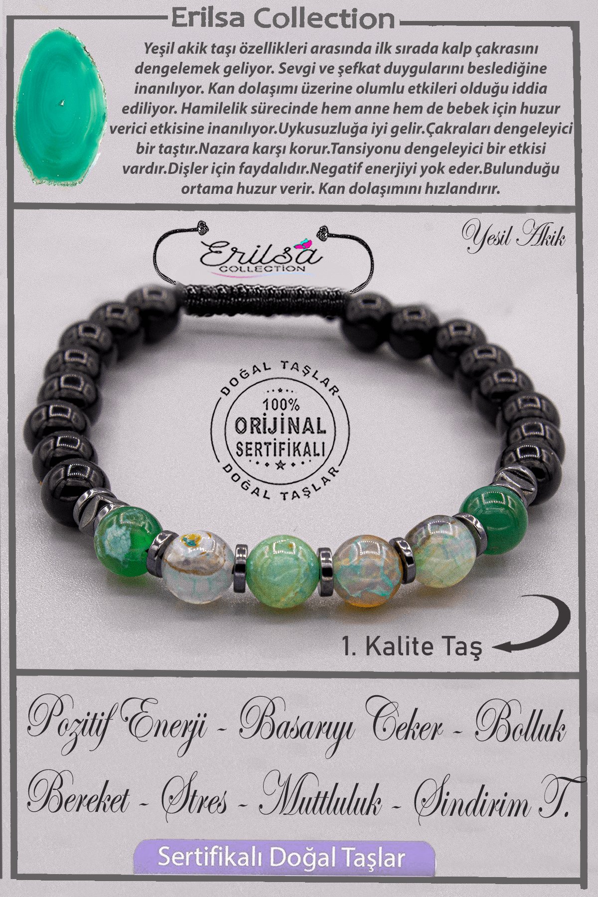 Sertifikalı AAA+ Kalite Gerçek Obsidyen - Yeşil Akik Taşı Bileklik