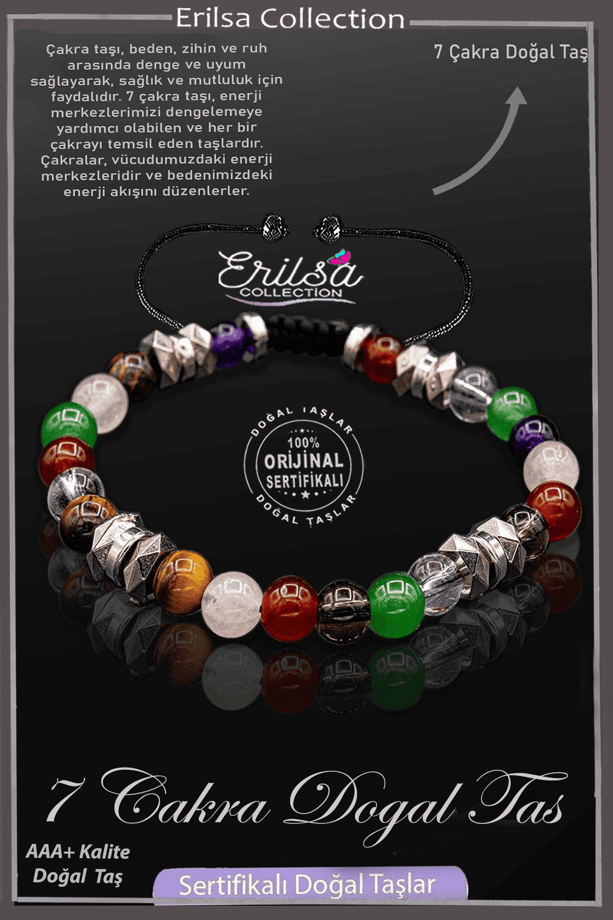 Sertifikalı 7 Çakra Doğal Taş Bileklik - Terahertz Akik Kaplan Gözü Yeşim Dumanlı Kuvars Ametist