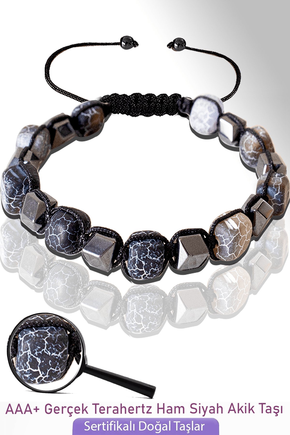 Sertifkalı Küp Model Ham Siyah Akik Taşı Bileklik - Ayarlamalı