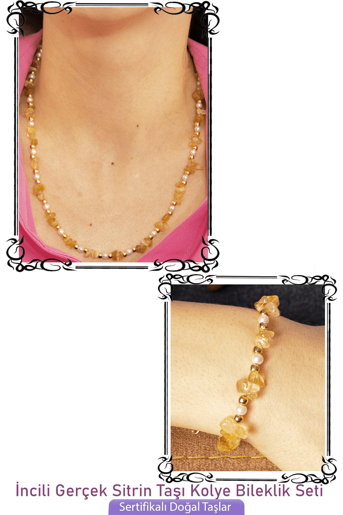 Sertifikalı İncili Sitrin Taşlı Doğal Taş Kolye Bileklik Seti