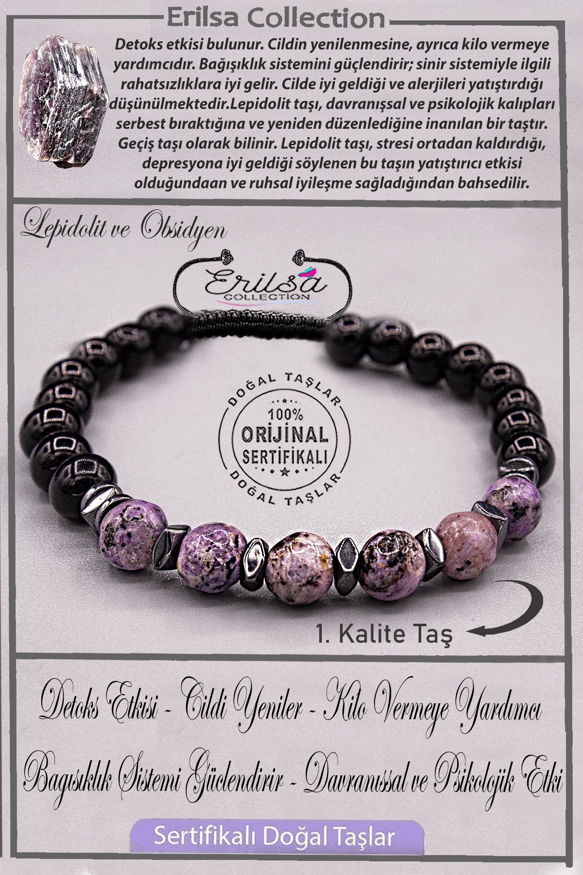 Sertifikalı AAA+ Kalite Gerçek Obsidyen - Lepidolit Taşı Bileklik - Ayarlamalı