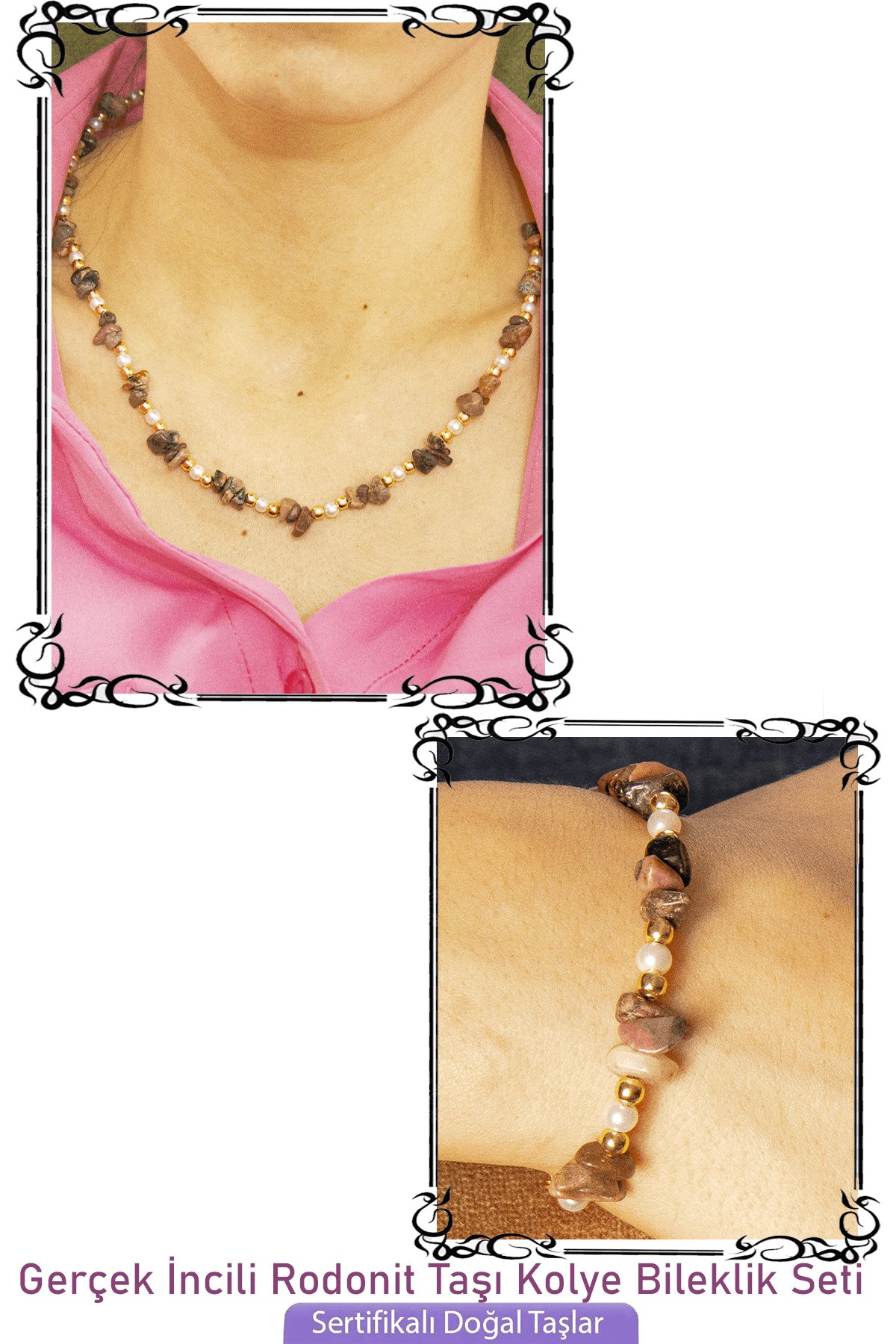 Sertifikalı İncili Rodonit Taşlı Doğal Taş Kolye Bileklik Seti