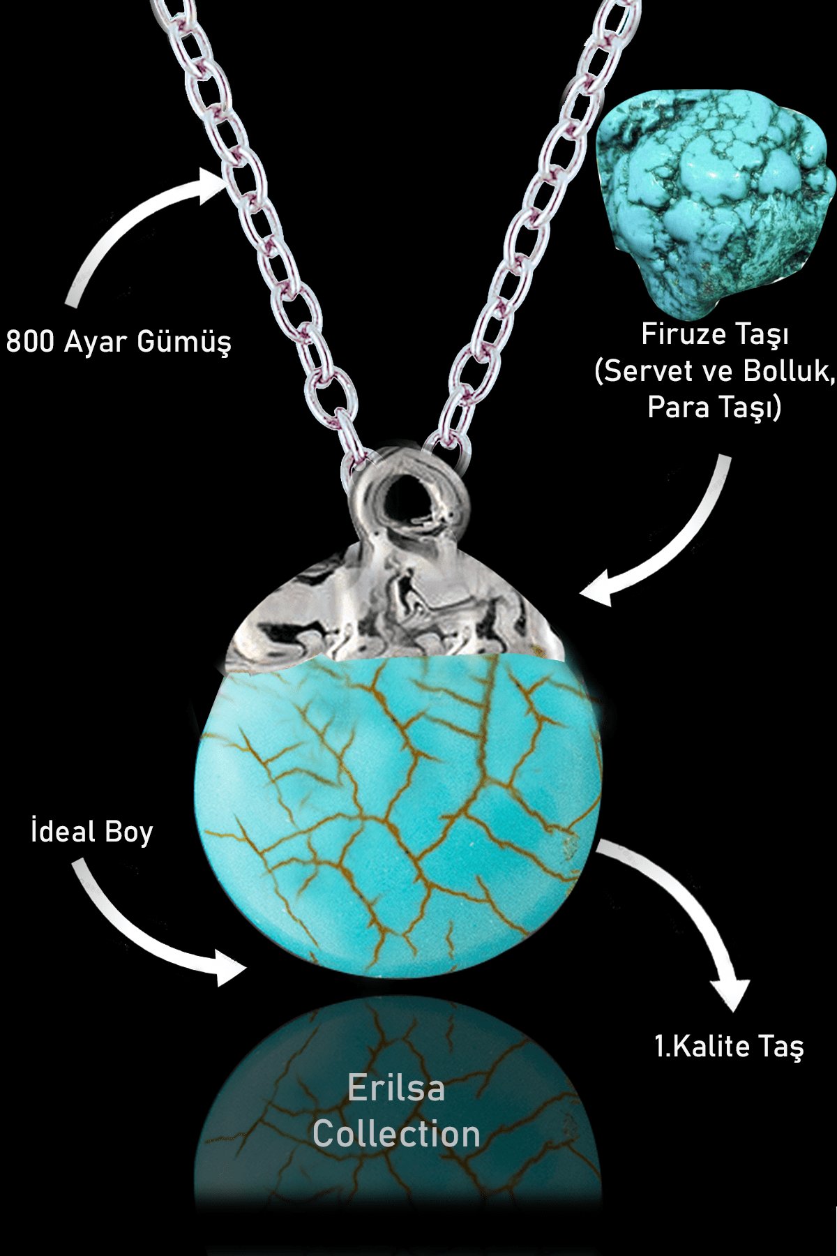 Sertifikalı Para Model Firuze Taşı Kolye (Turkuaz Taşı) - Gümüş Alaşımlı