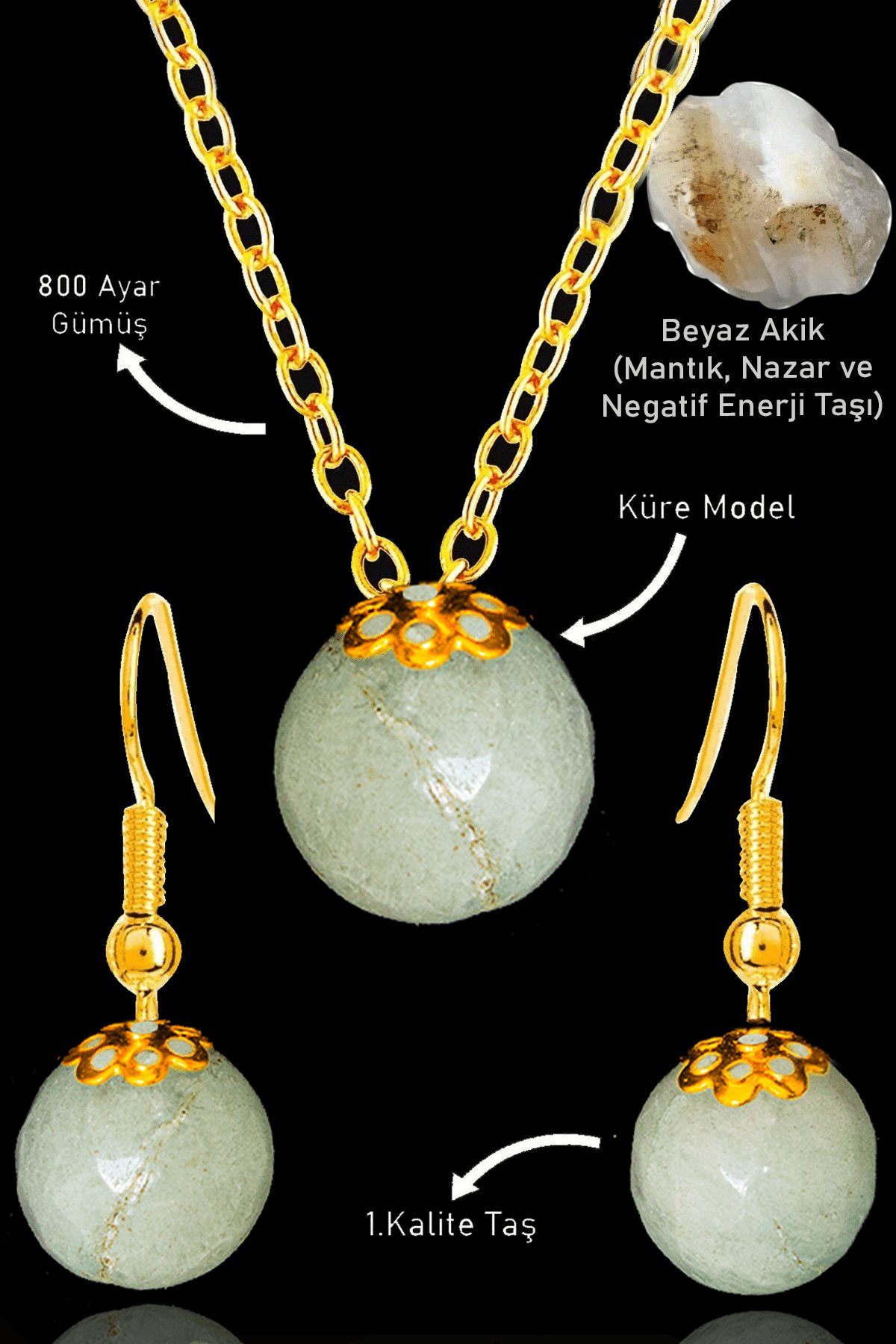 Sertifikalı Gold Küre Model Beyaz Akik Taşı Kolye ve Küpe Seti - Gümüş Aparatlı