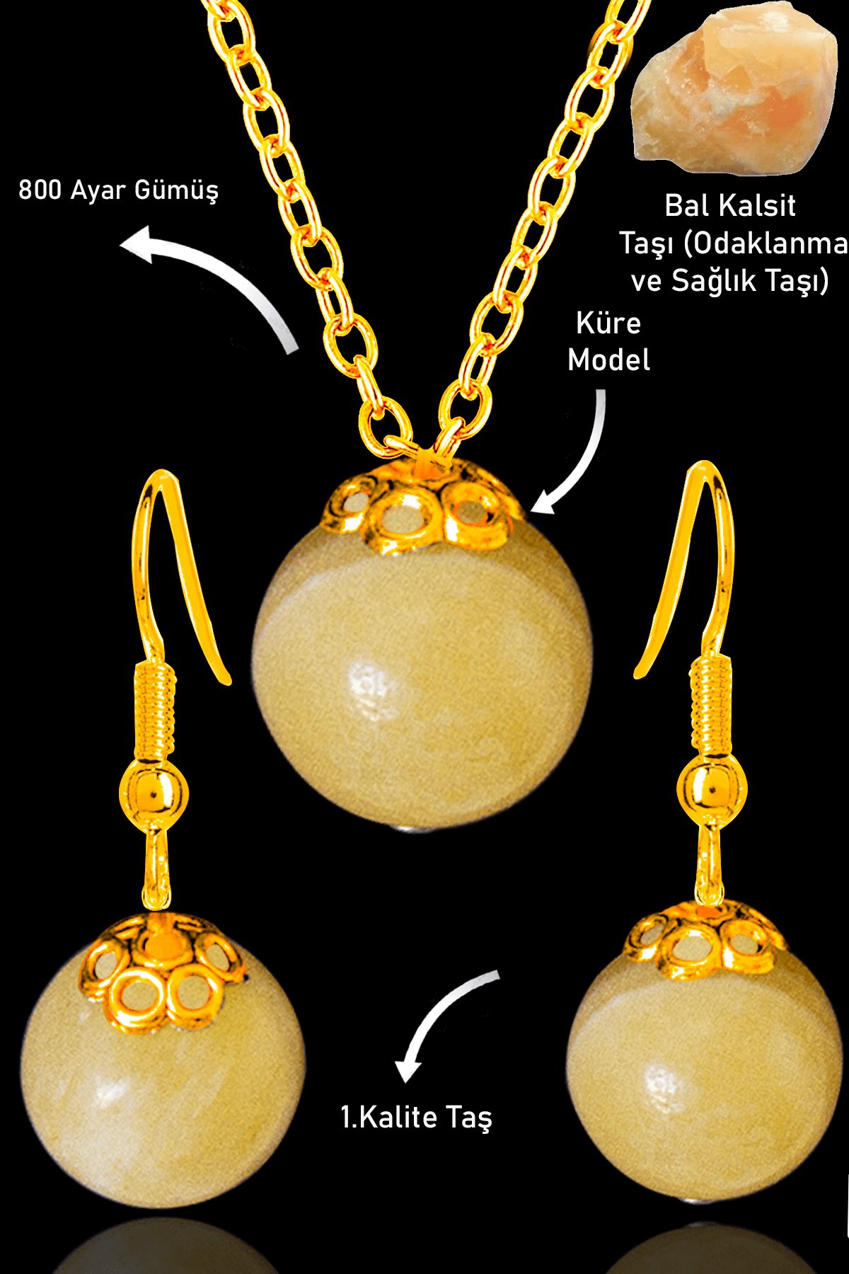 Sertifikalı Gold Küre Model Bal Kalsit Taşı Kolye ve Küpe Seti - Gümüş Aparatlı