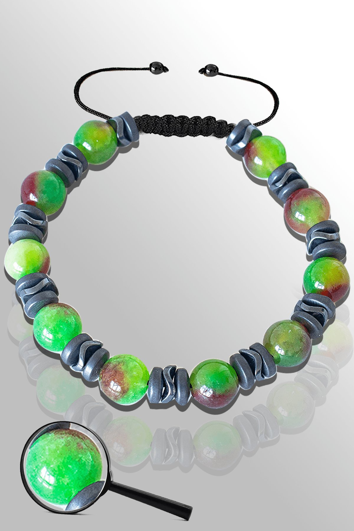 Sertifikalı Mat Hematitli Yosunlu Yeşil Akik Taşı Bileklik - Ayarlamalı