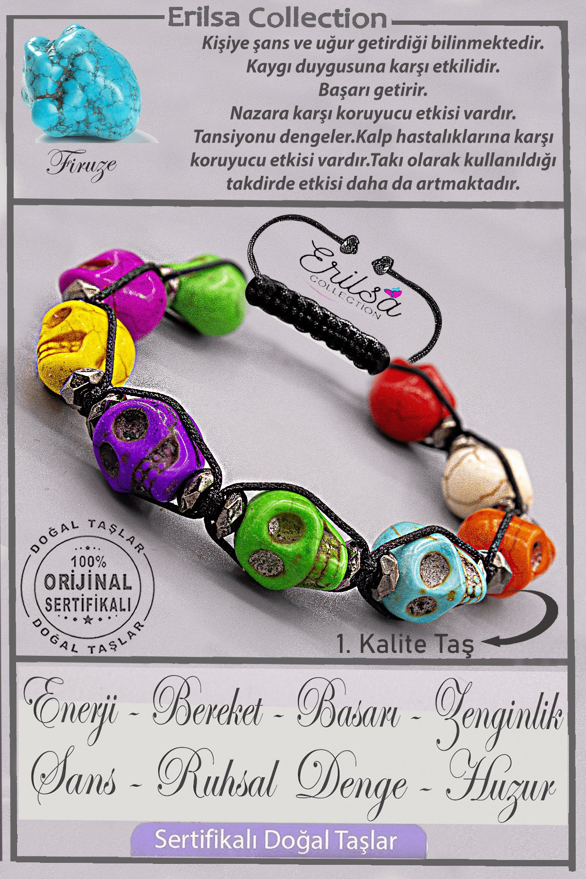 Sertifikalı Gerçek AAA+ Kalite Kuru Kafa Model Terahertz - Firuze (Turkuaz) Taşı Bileklik