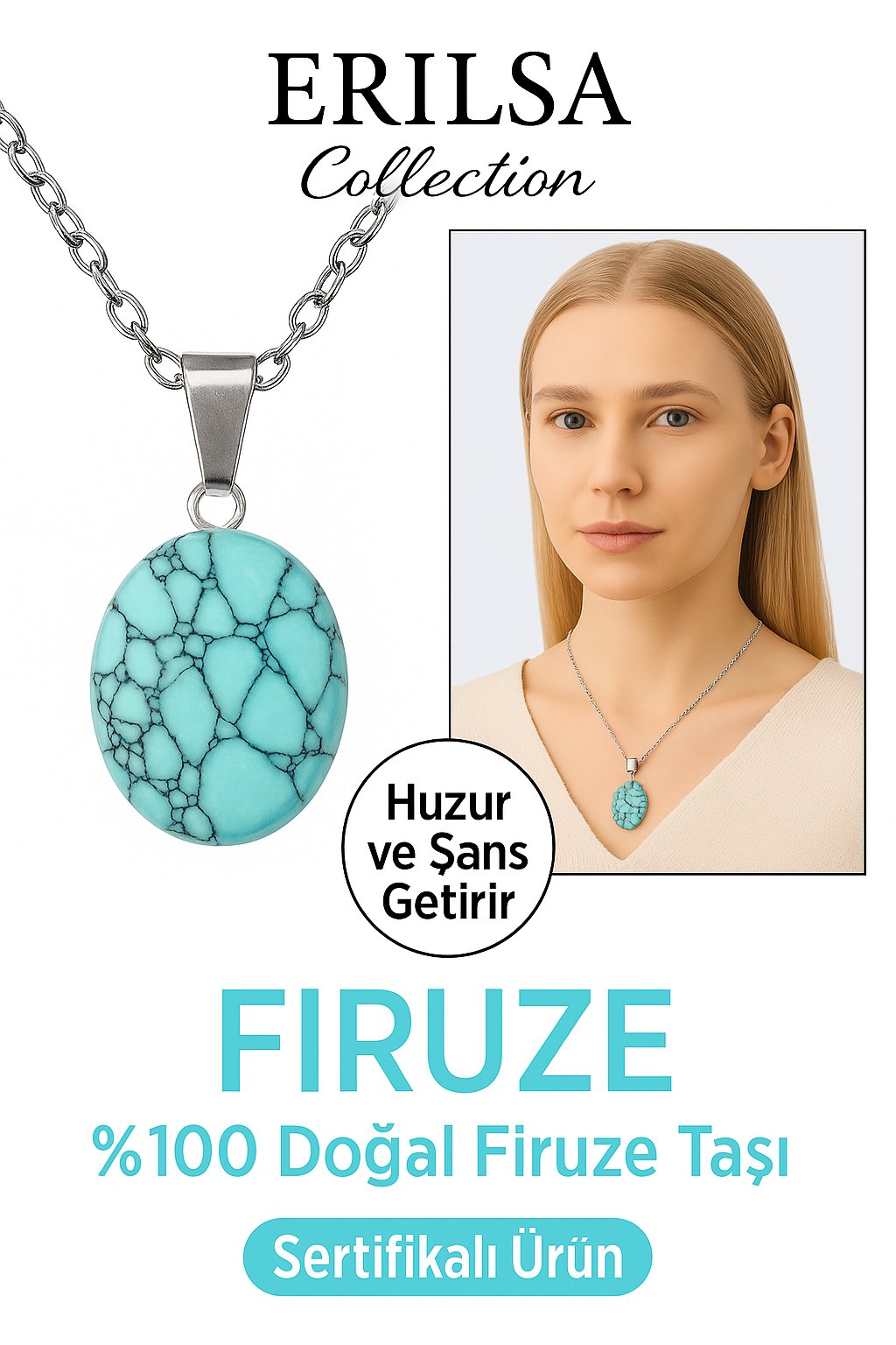 Sertifikalı AAA+ Oval Firuze Turkuaz Taşı Kolye - Gümüş Aparat Nazara Karşı Koruma ve Huzur Sağlar