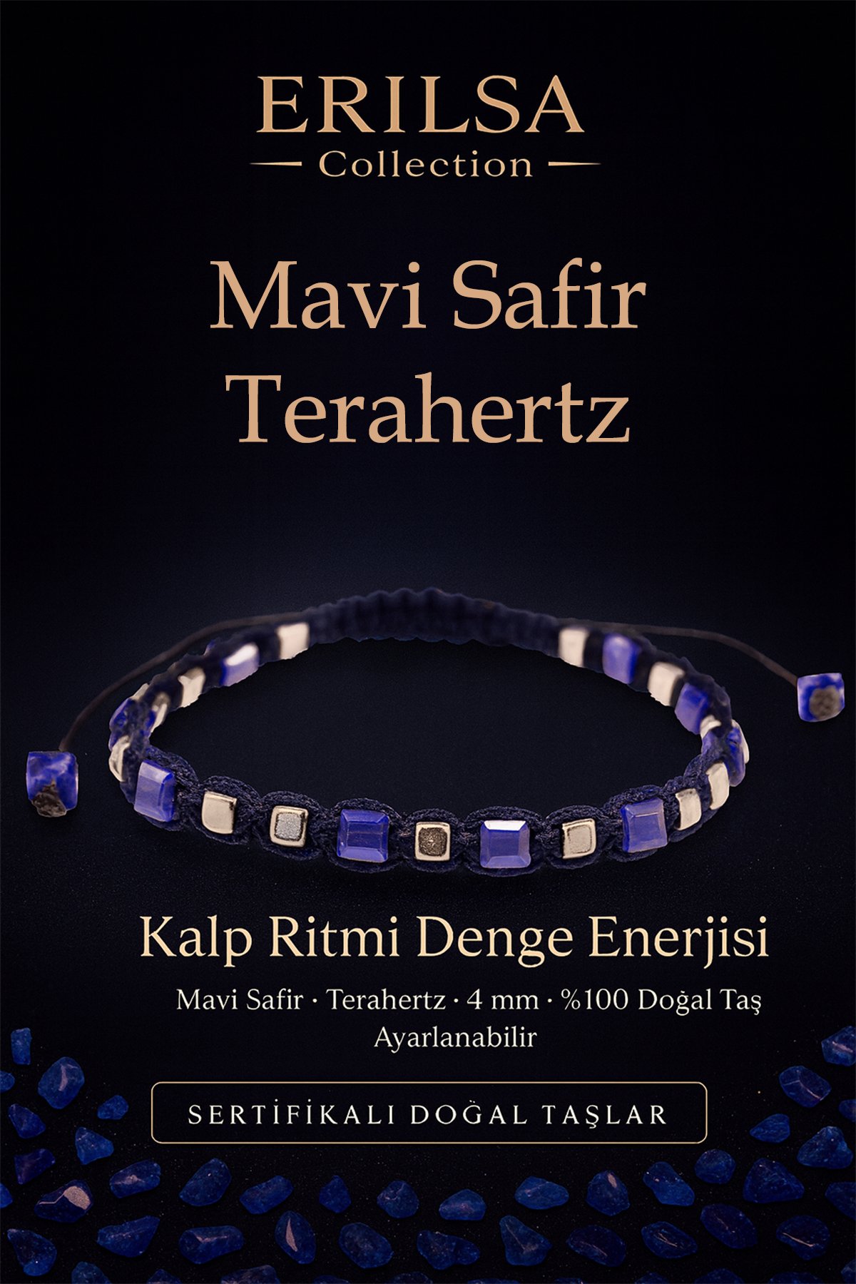 Sertifikalı Kalp Ritmi Denge Enerjisi – Mavi Safir ve Terahertz Doğal Taş 4 mm Ayarlanabilir