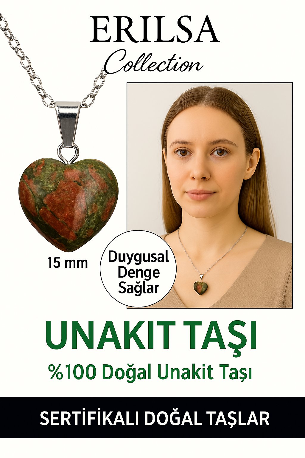 Sertifikalı Kalp Model Mini Unakit Taşı Kolye – Şifa, Denge ve Duygusal Uyum Taşı