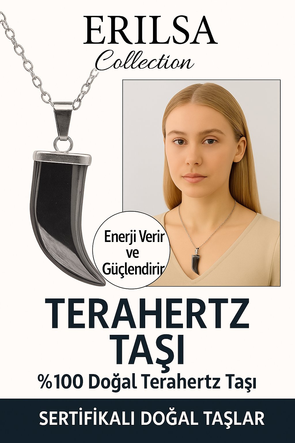 Sertifikalı Boynuz Model Terahertz Taşı Kolye – Yüksek Titreşimli Zihin ve Enerji Taşı