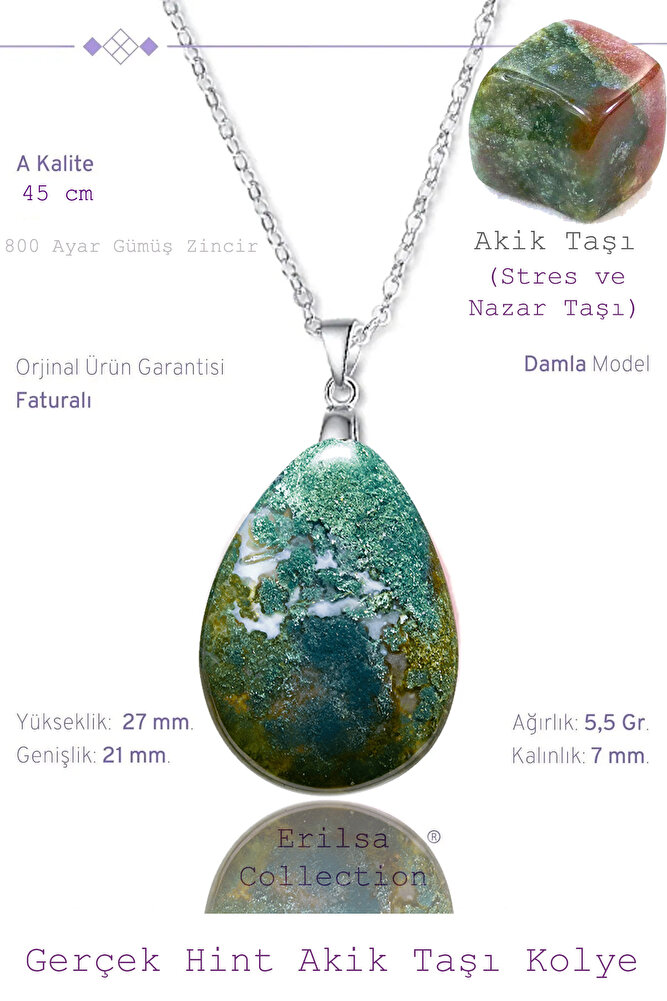 Sertifikalı Damla Model Yosunlu Hint Akik Taşı Kolye (GÜMÜŞ APARATLI)