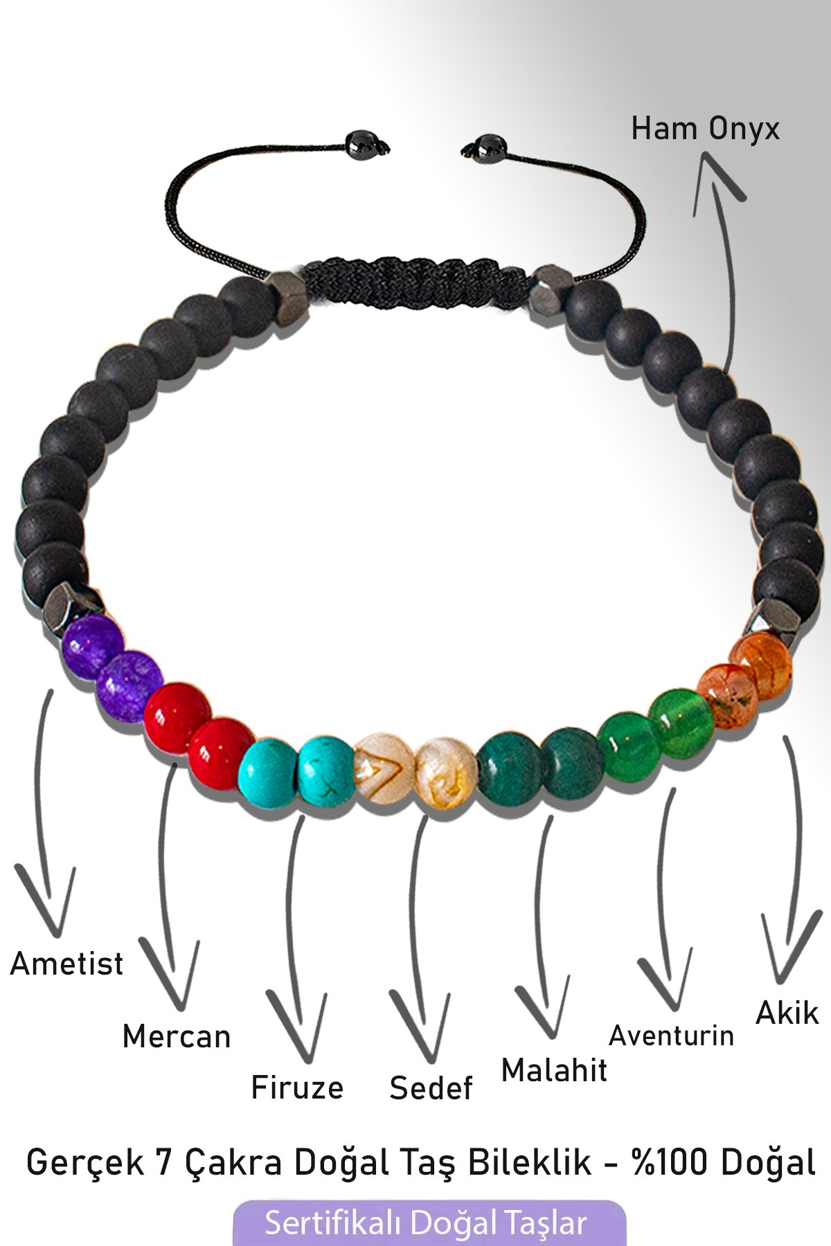 Sertifikalı Oniks 7 Çakra Doğal Taş Bileklik - Ametist,Mercan,Firuze,Sedef,Malahit,Aventurin,Akik