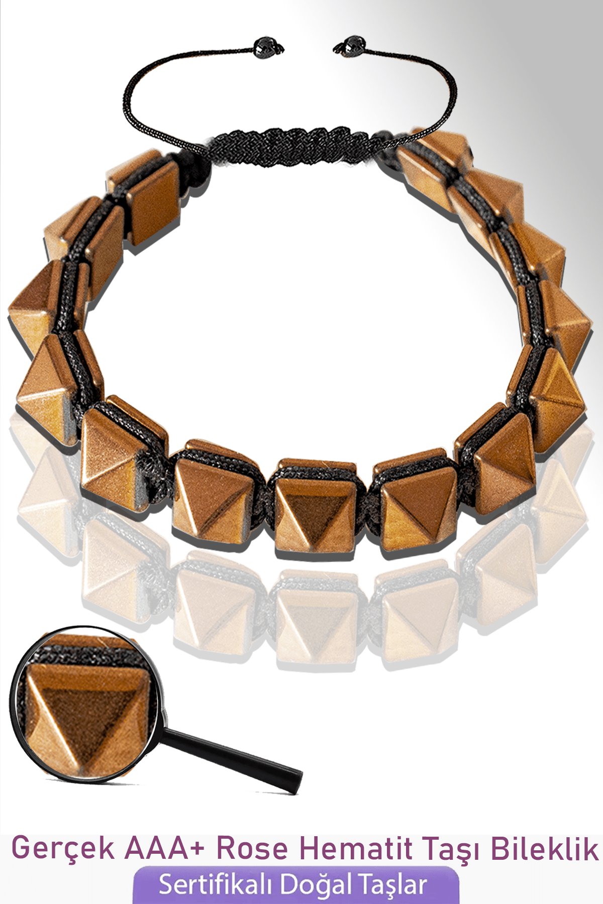 Sertifikalı Makrome Gerçek Rose Hematit Taşı Bileklik - Ayarlamalı