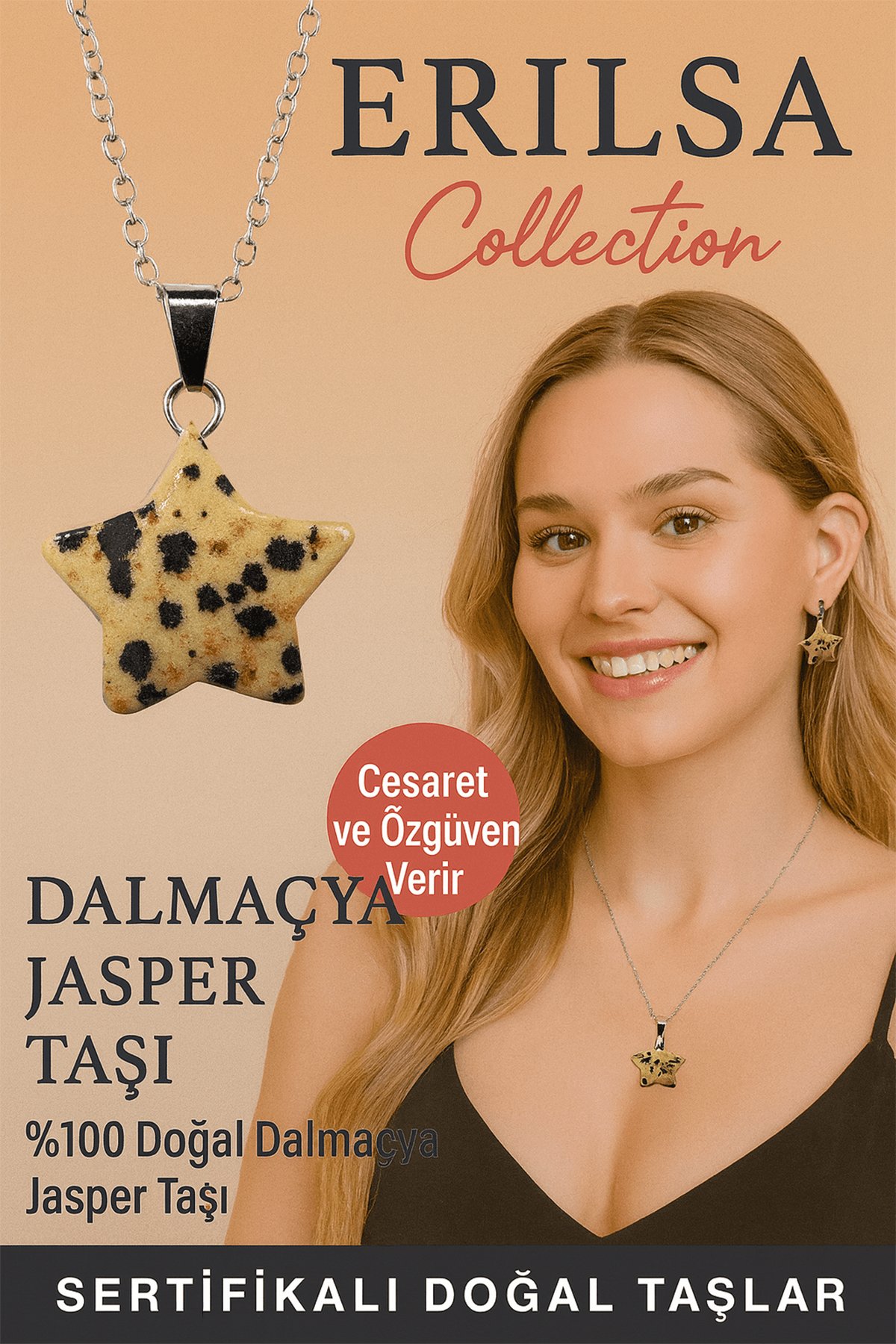 Sertifikalı Yıldız Model Dalmaçya Jasper Doğal Taş Kolye – Enerji Denge ve Koruma Taşı