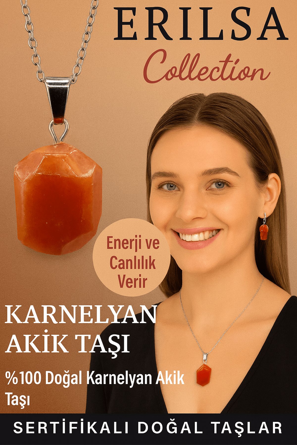 Sertifikalı Fasetli Karnelyan Akik Taşı Kolye – Enerji ve Canlılık Veren Doğal Taş