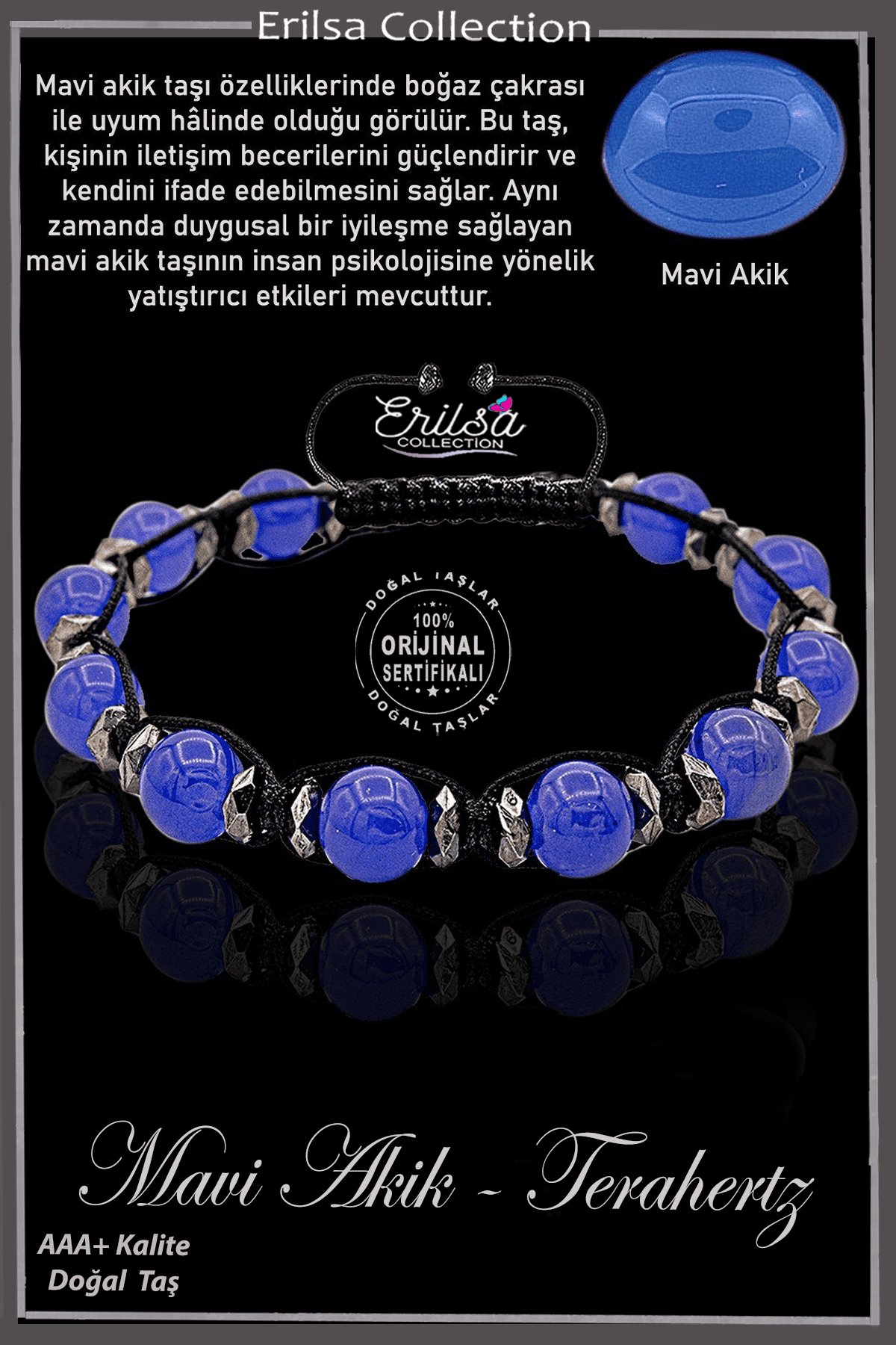 Sertifikalı Gerçek AAA+ Terahertz - İspirto Mavisi Akik Taşı Bileklik- Ayarlamalı