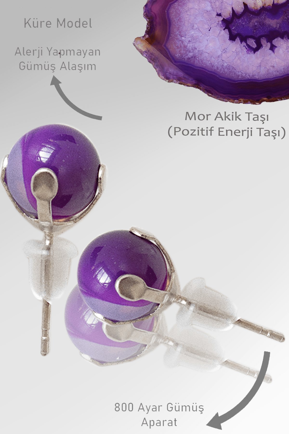 Sertifikalı Gerçek Mor Akik Taşı Nokta Doğal Taş Küpe