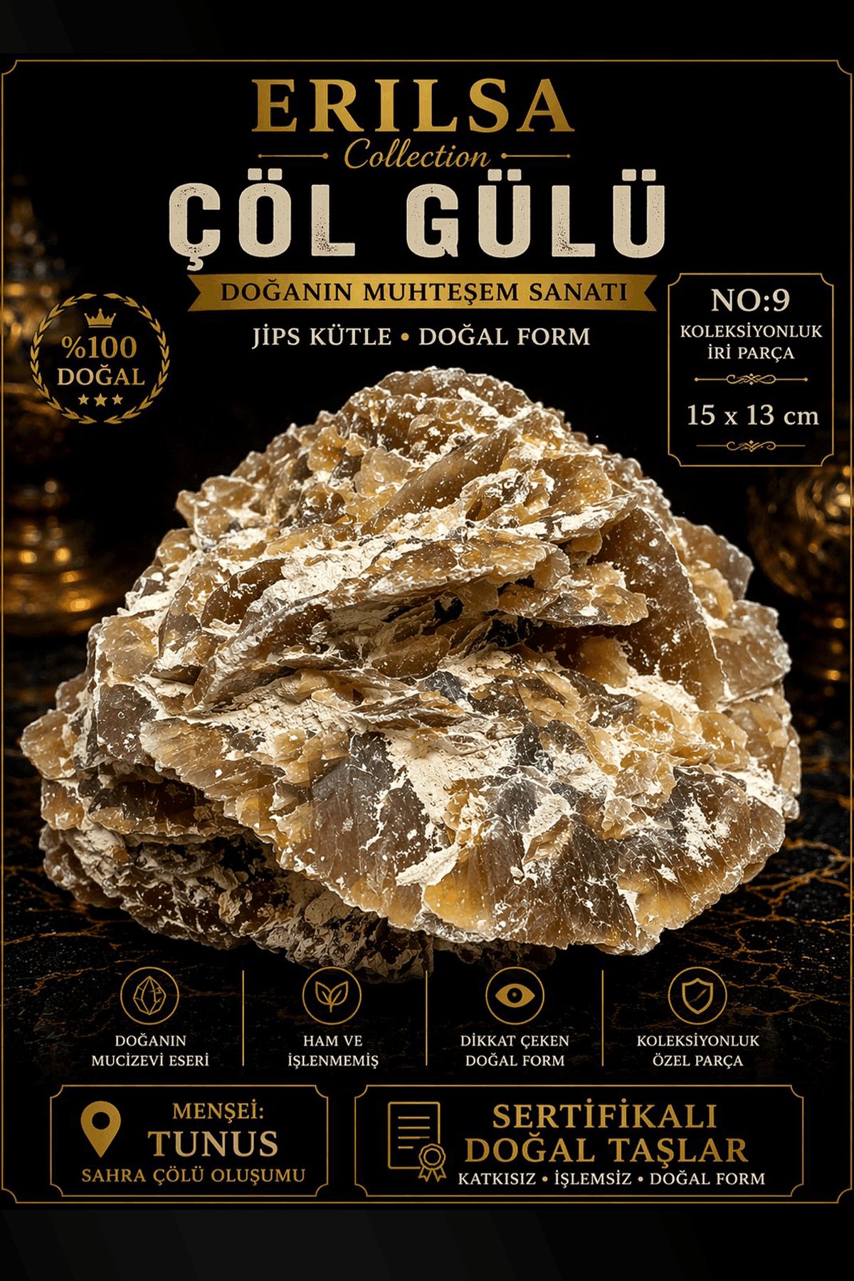 Sertifikalı Çöl Gülü Taşı Kütle - 15x13 cm Koleksiyonluk İri Doğal Jips Kütle