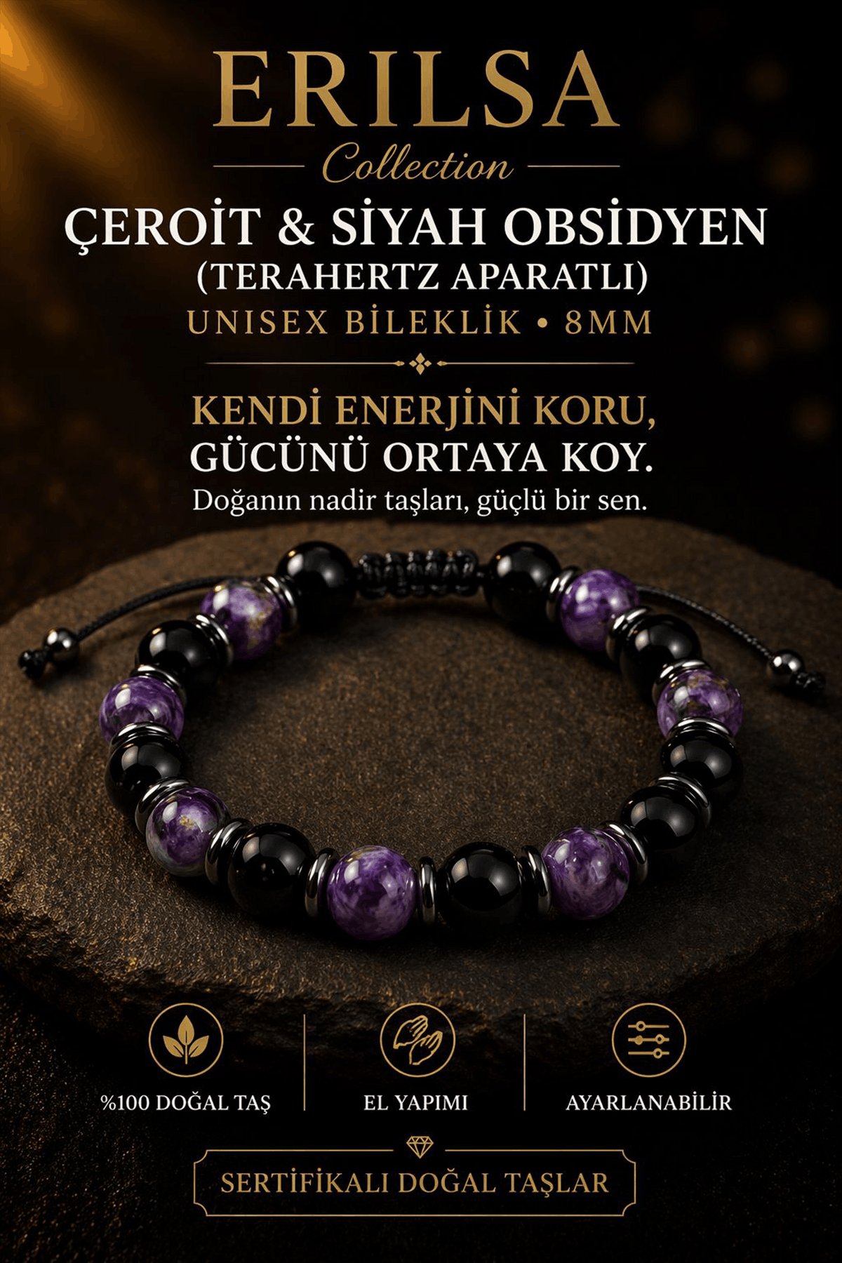 Sertifikalı Çeroit Siyah Obsidyen Terahertz Bileklik - 8 MM Doğal Taş Unisex Ayarlanabilir