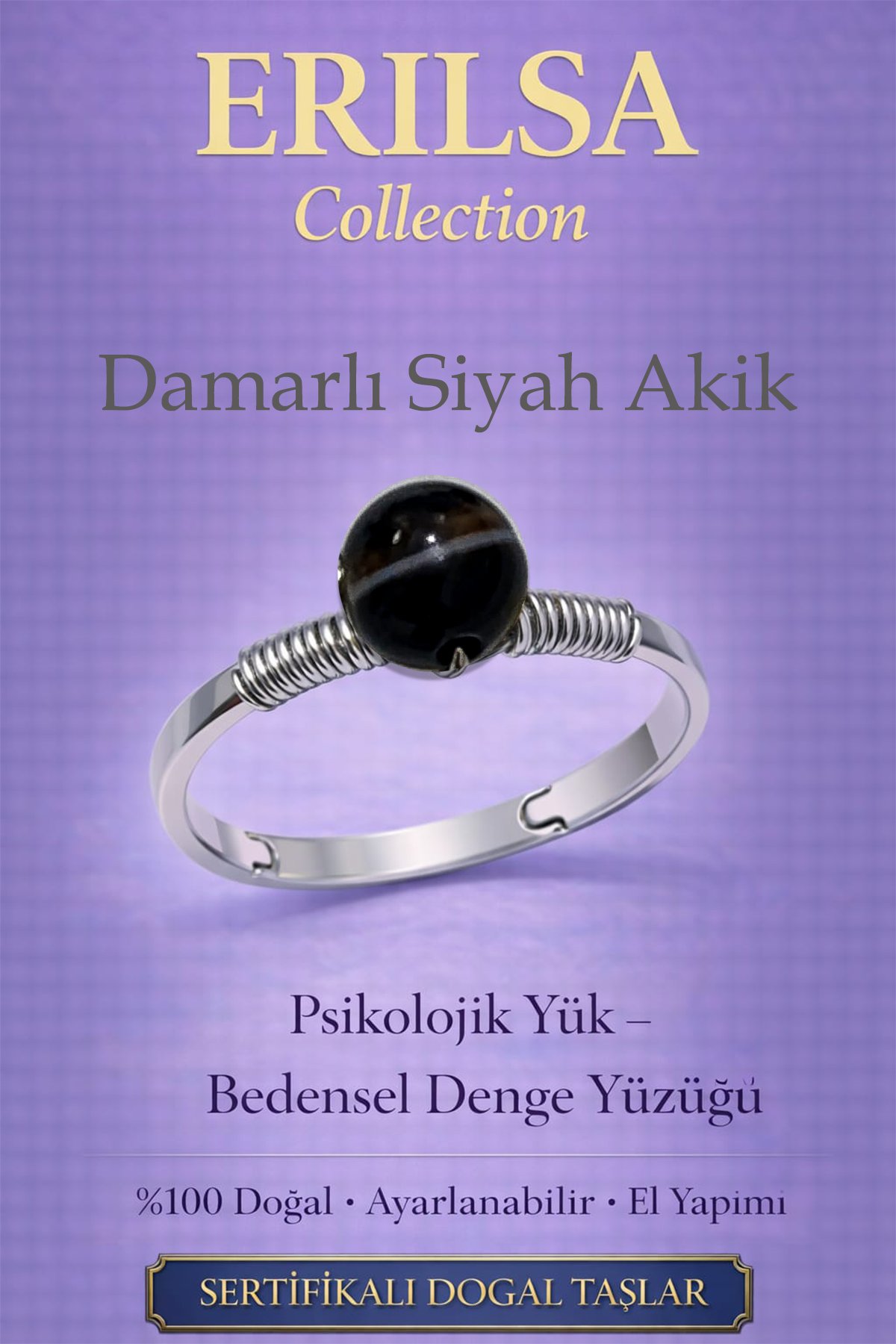 Sertifikalı Psikolojik Yük Bedensel Denge Yüzüğü - Damarlı Siyah Akik Ayarlamalı Akrep Oğlak Kova