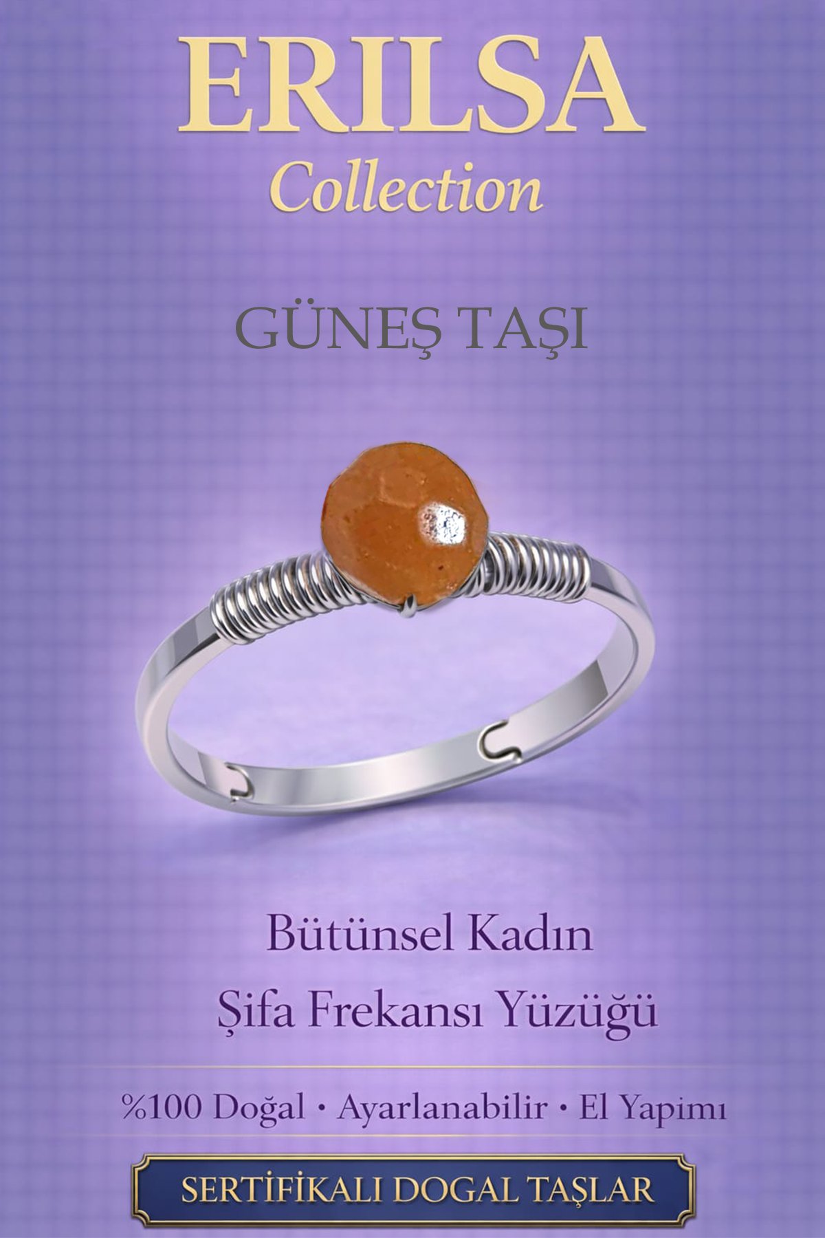 Sertifikalı Bütünsel Kadın Enerji Yüzüğü – Güneş Taşı Ayarlanabilir İnce Kasa Aslan Koç Yay Burcu