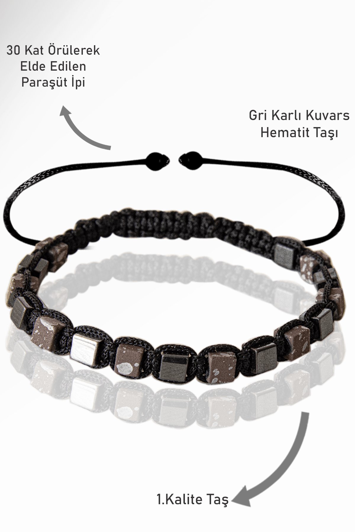 Sertifikalı Küp Model Terahertz - Gri Karlı Kuvars Taşı Bileklik - Ayarlamalı