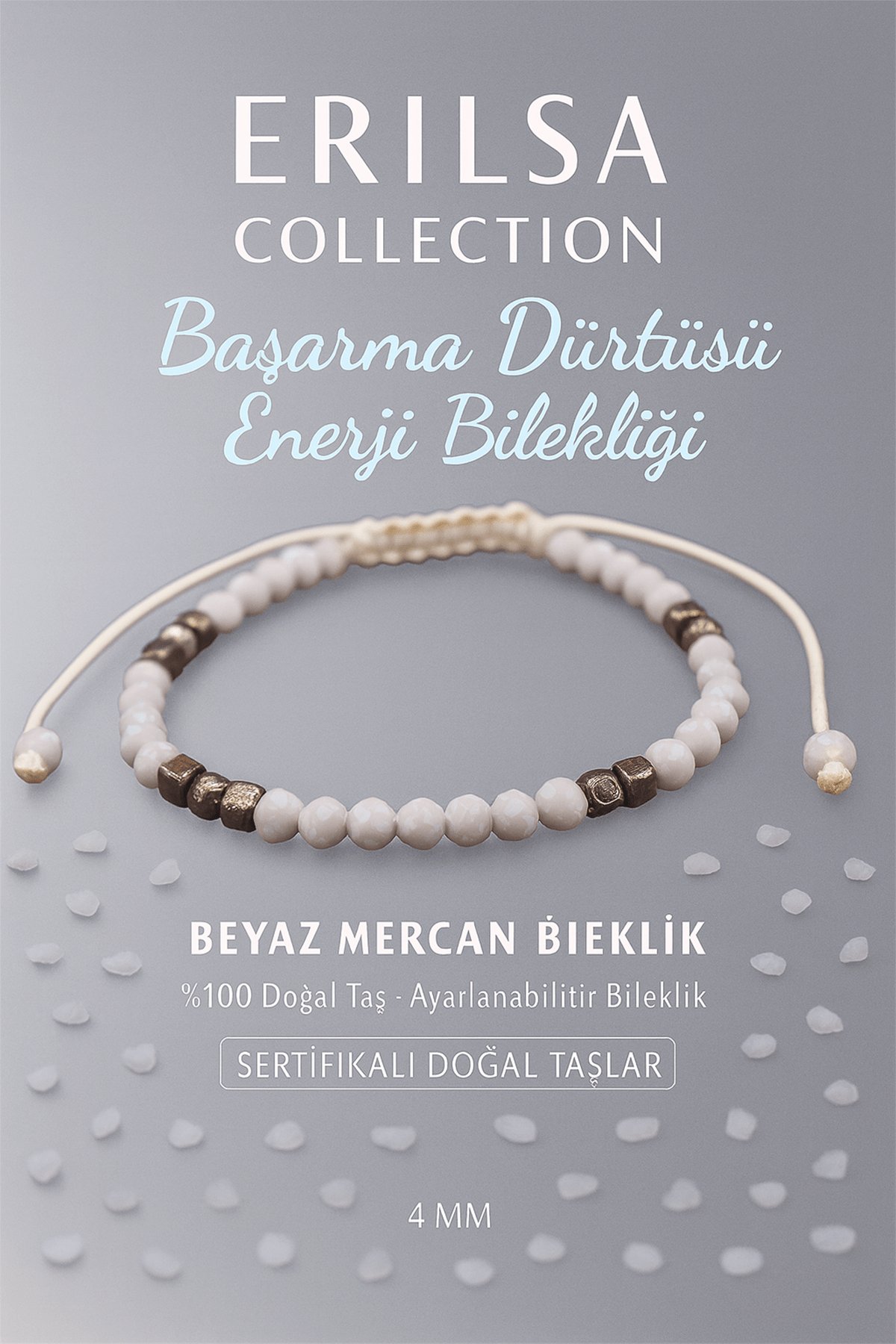 Sertifikalı Başarma Dürtüsü Enerji Bilekliği - Beyaz Mercan ve Terahertz Doğal Taş 4 mm