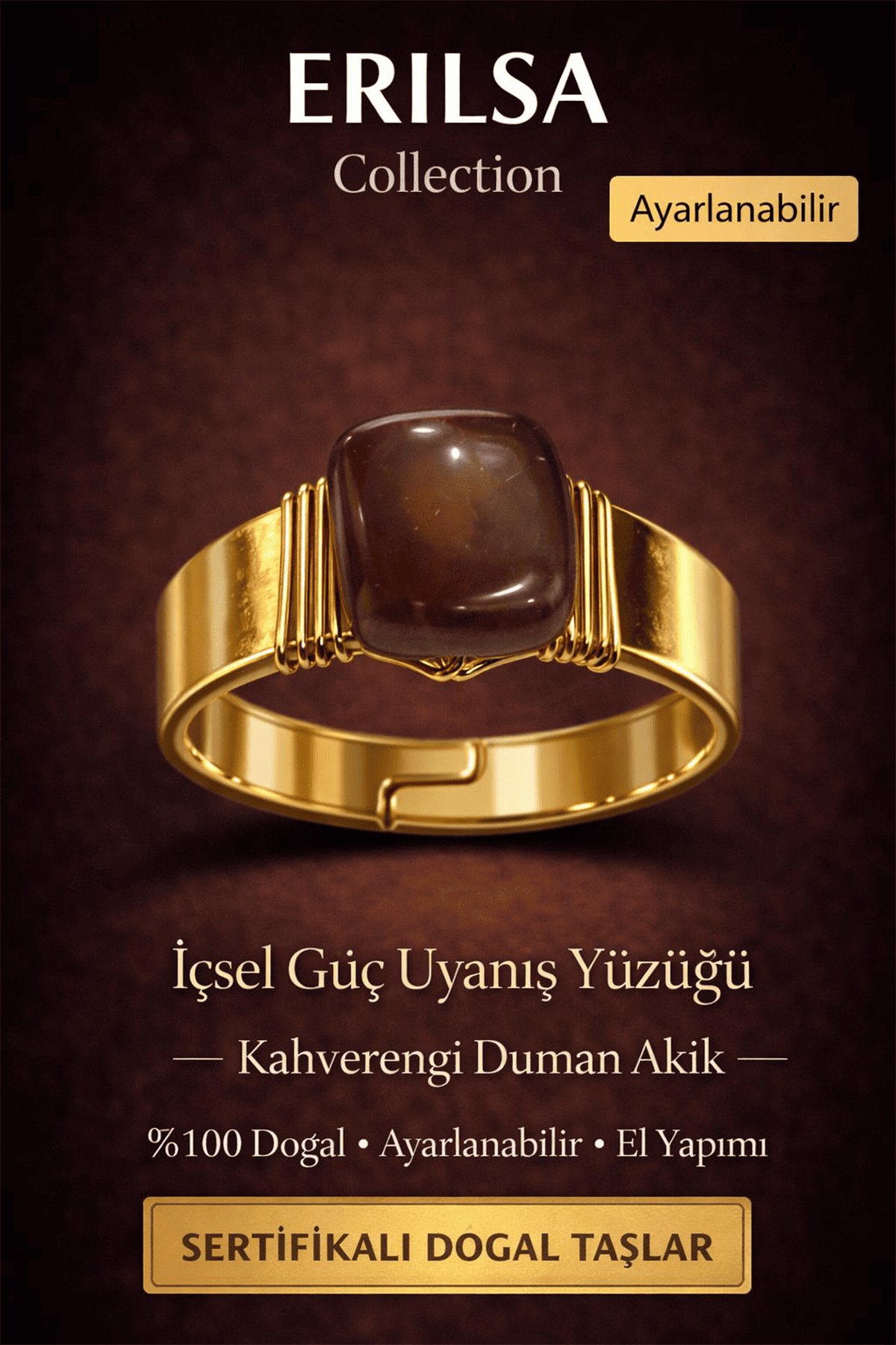 Sertifikalı Kahverengi Duman Akik Doğal Taş Yüzük – İçsel Güç Uyanış Ayarlanabilir