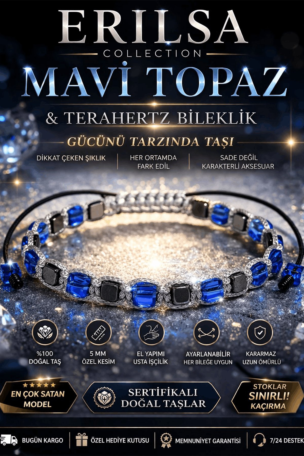 Sertifikal Mavi Topaz Taşı Bileklik - 5 mm Küp Kesim Terahertz Doğal Taş Ayarlanabilir