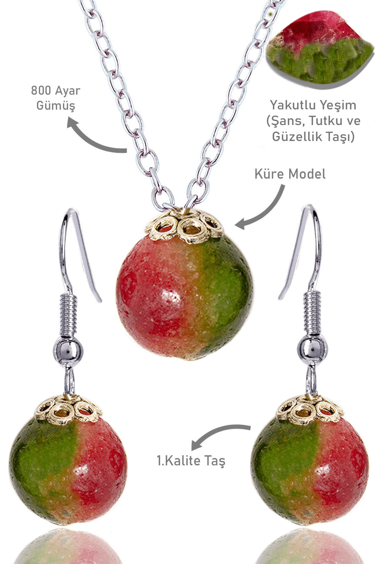 Sertifikalı Küre Model Yakutlu Yeşim Taşı Kolye ve Küpe Seti - Gümüş Aparatlı