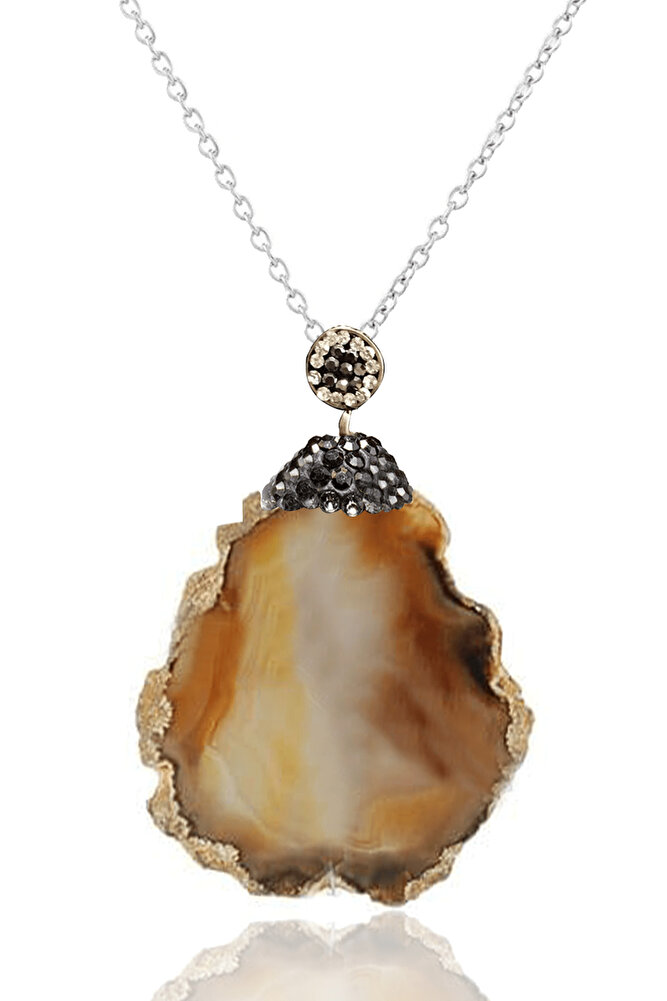 Sertifikalı Zirkon Taşlı Plaka Kahverengi Akik Taşı Kolye