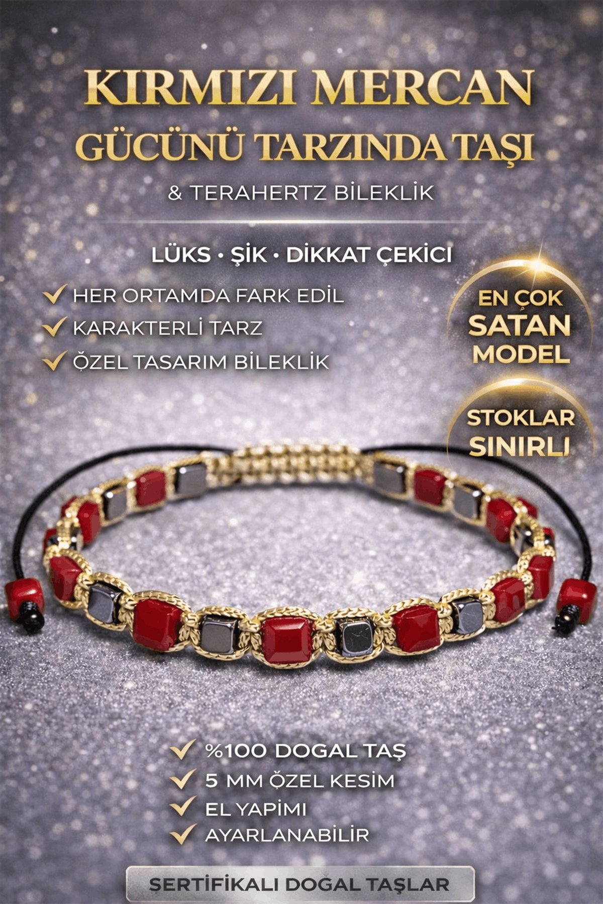 Sertifikalı Kırmızı Mercan Bileklik - 5 mm Küp Kesim Terahertz Doğal Taş Minimal Ayarlanabilir