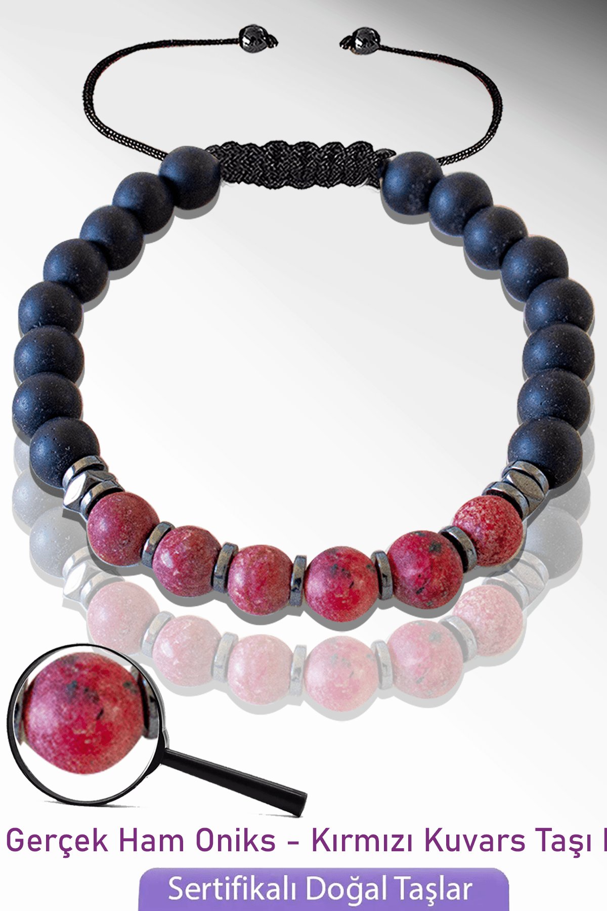 Sertifikalı Doğal Ham Oniks - Kırmızı Kuvars Taşı Bileklik - Ayarlamalı