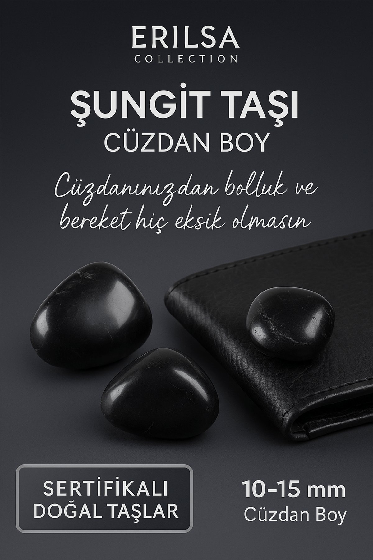 Sertifikalı Doğal Şungit Taşı Kütle 10-15 mm – Cüzdan Boy Enerji ve Bereket Taşı