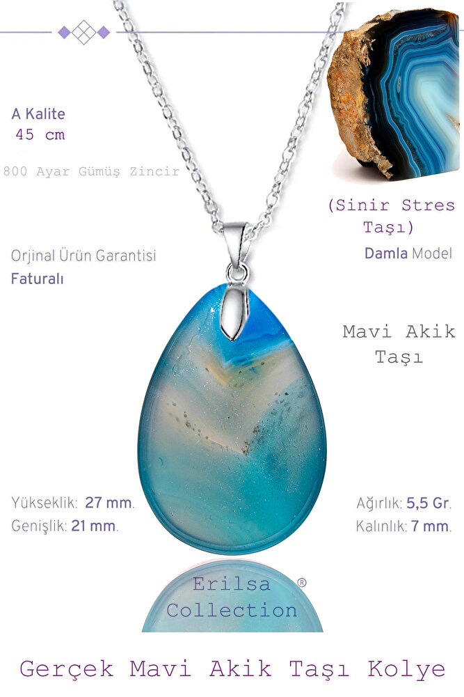 Sertifikalı Damla Model Mavi Akik Taşı Kolye (GÜMÜŞ APARATLI)