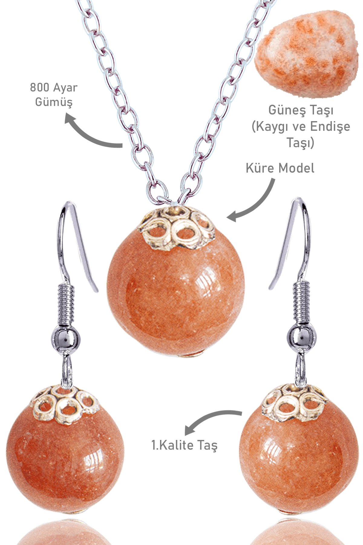 Sertifikalı Küre Model Güneş Taşı Kolye ve Küpe Seti - Gümüş Aparatlı