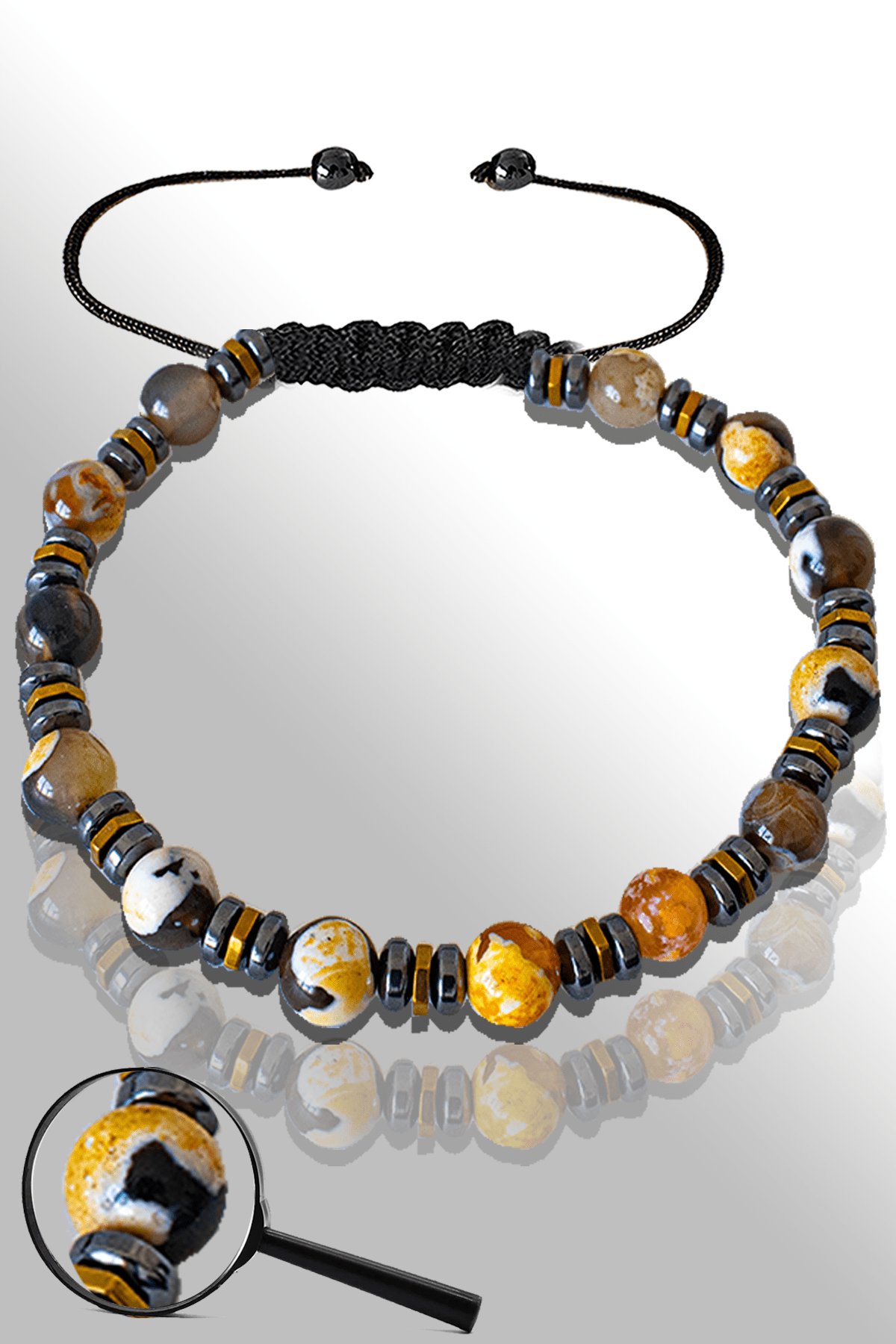 Sertifikalı Hematitli 6 Mm Doğal Siyah - Turuncu Akik Taşı Bileklik (Tibet Akiği)