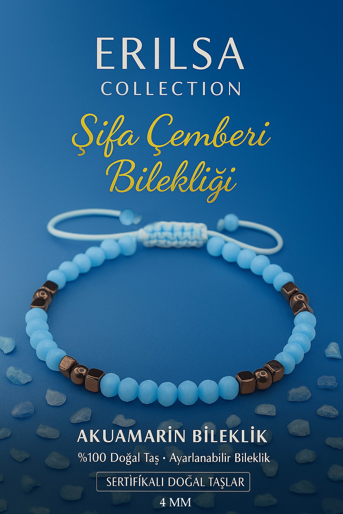 Sertifikalı Şifa Çemberi Enerji Bilekliği – Akuamarin Terahertz Doğal Taş İnce Model