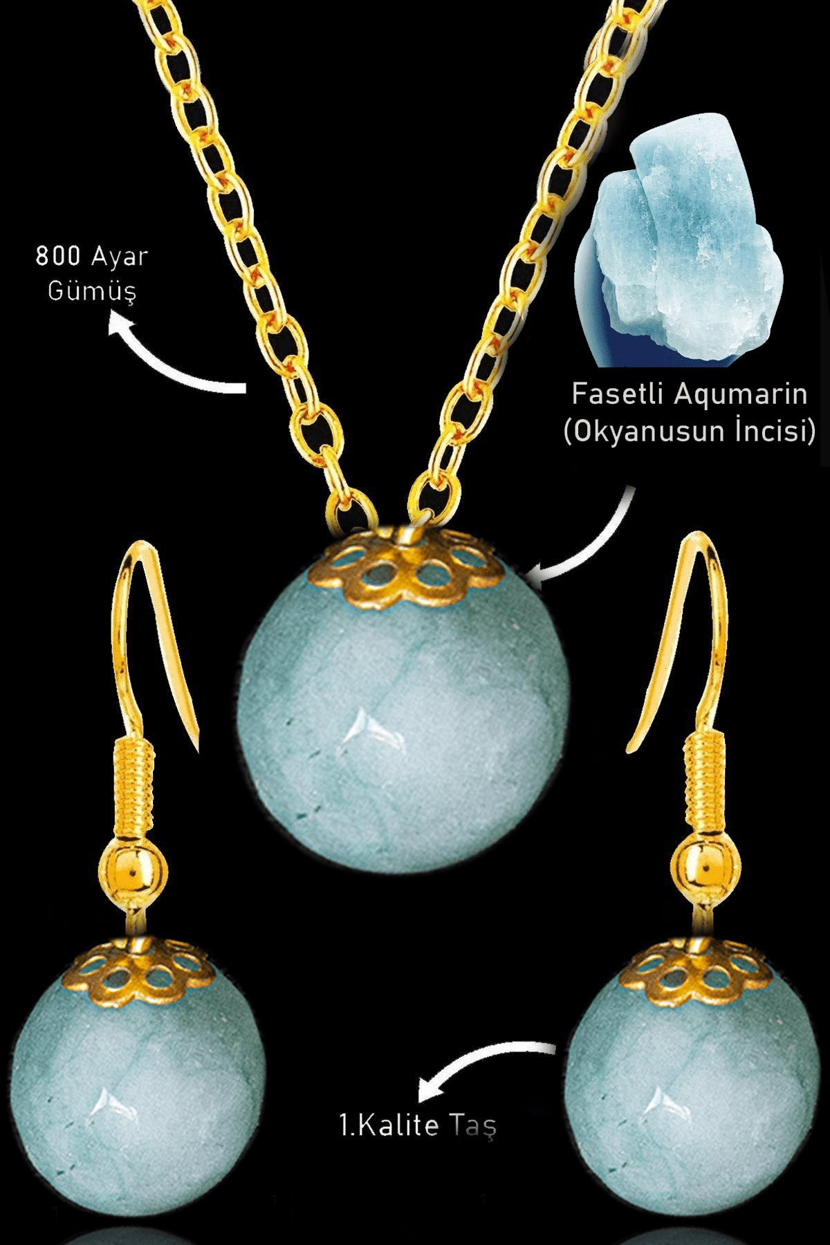 Sertifikalı Gold Fasetli Akuamarin Taşı Kolye ve Küpe Seti