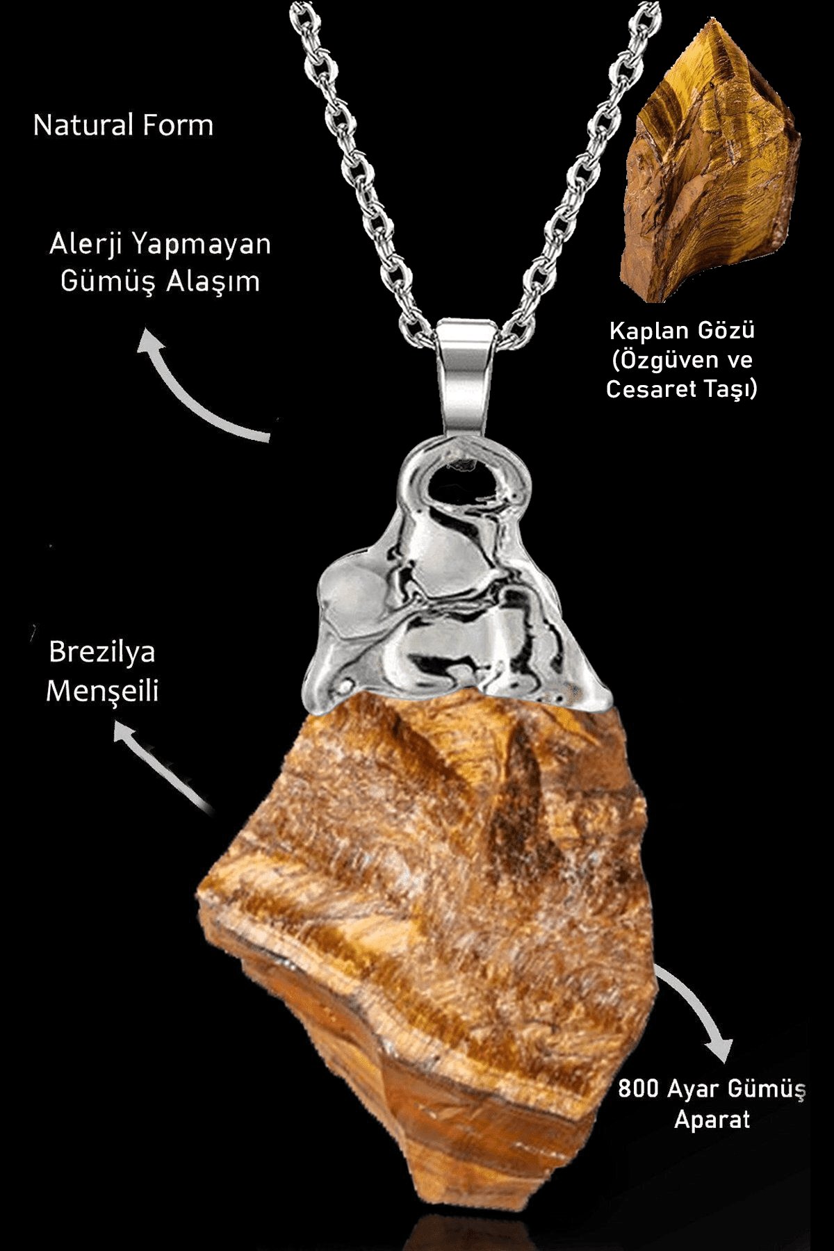 Sertifikalı Ham İşlenmemiş Kaplan Gözü Taşı Kolye