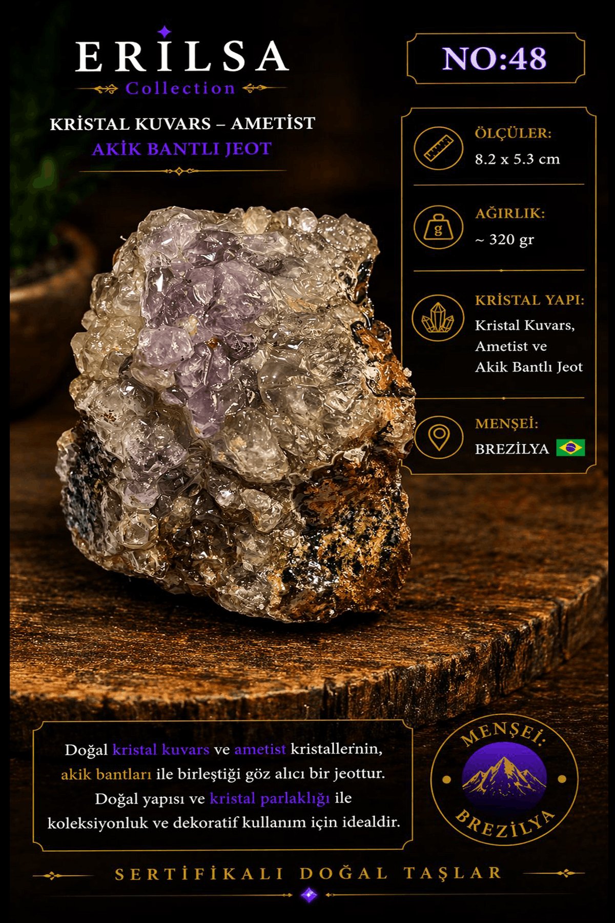 Sertifikalı Kristal Kuvars Ametist Akik Bantlı Jeot Doğal Koleksiyonluk Taş NO48