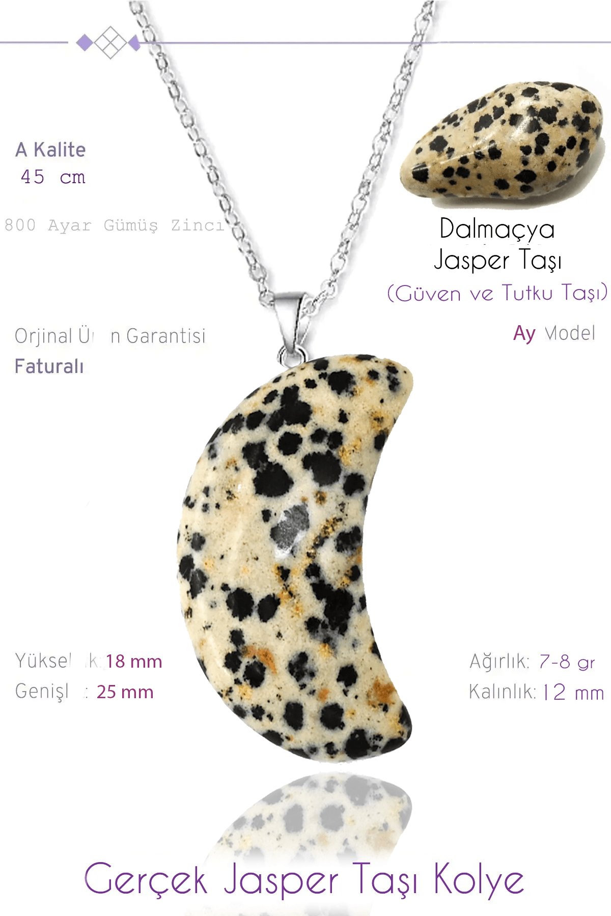 Sertifikalı Ay Model Gerçek Dalmaçya Jasper Taşı Kolye