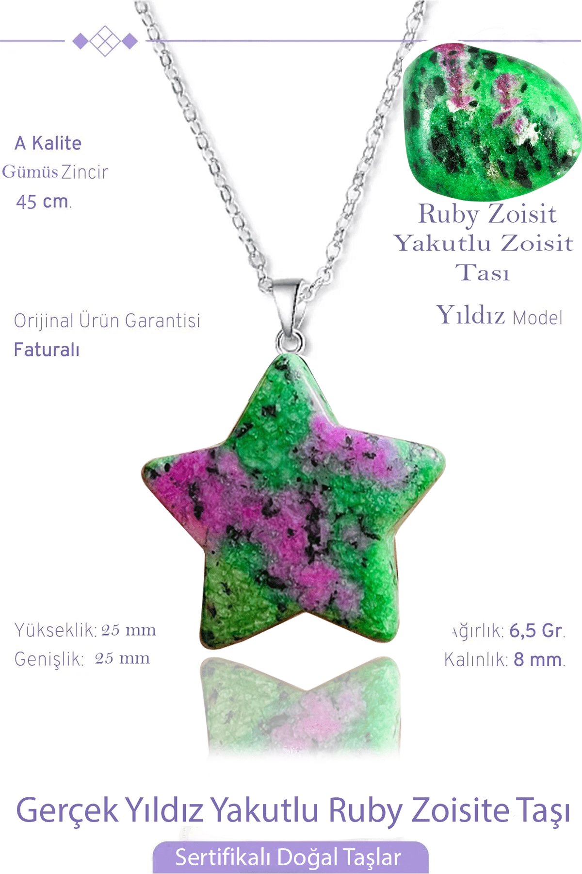 Sertifikalı Gerçek Yıldız Model Ruby Yakutlu Zoisite Taşı Kolye (Anyolit Taşı)