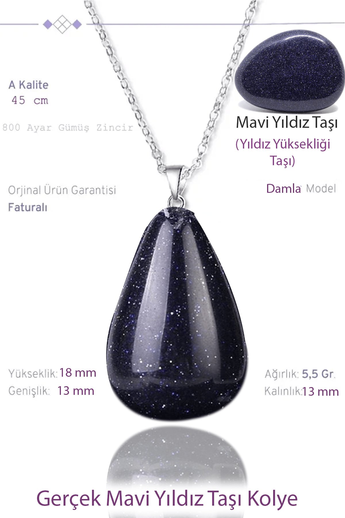 Sertifikalı Damla Model Gerçek Mavi Yıldız Taşı Kolye