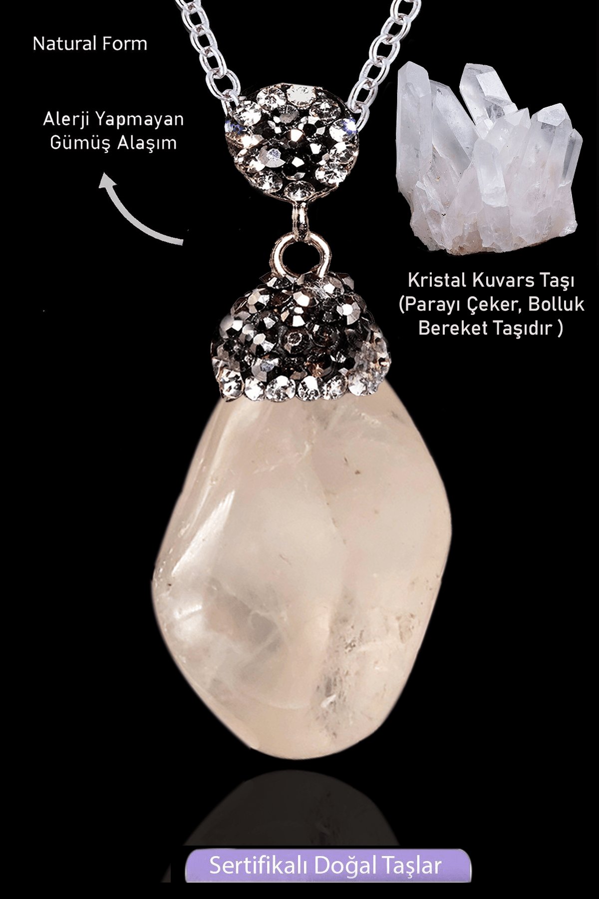 Sertifikalı Zirkon Taşlı Model Ham Kristal Kuvars Taşı Kolye